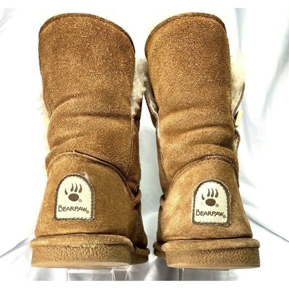 Bearpaw Boots Women's Size 7 ABIGAIL 1 Button Chestnut Suede Sheepskin Mid-Calf - Picture 4 of 9